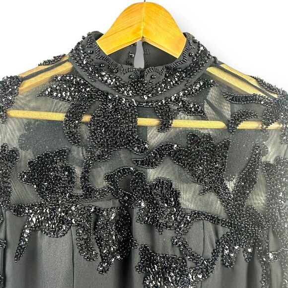 Scala Collection High Neck Beaded Mesh Sleeve Maxi Dress Black - Picture 3 of 14